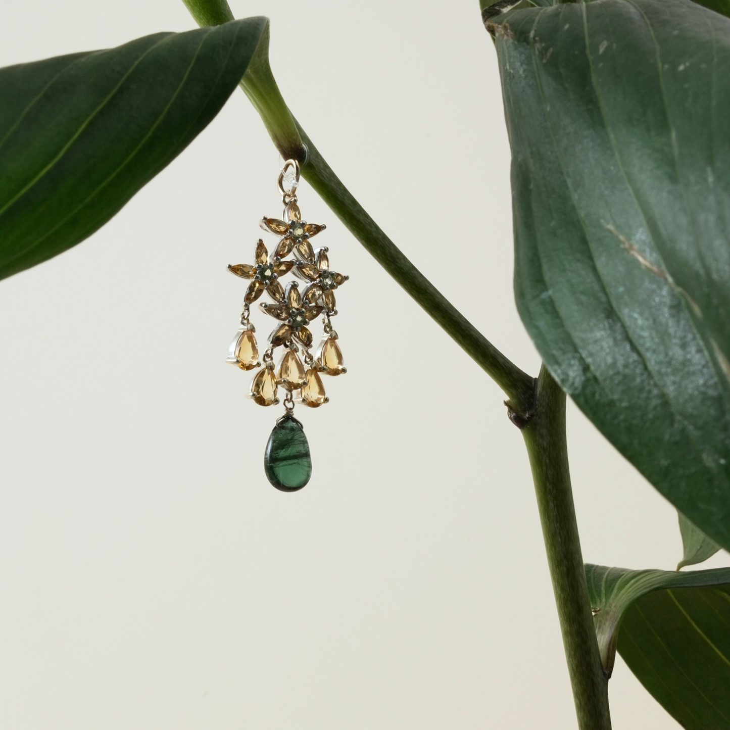 18K Gold Floral Gemstone Drop Pendant