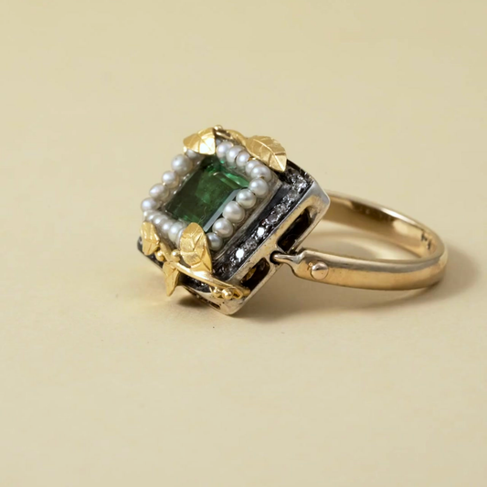 18 Kt Gold leaves on Sterling Silver & 9 Kt Ring with a Tourmaline & Pearls