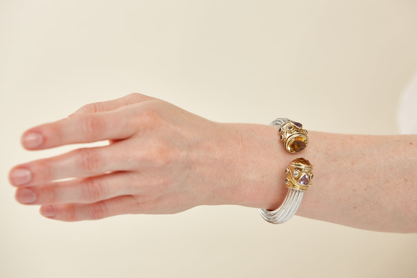 Heavy Hinged Sterling Silver Bangle with Oval Citrine & assorted gemstone accents