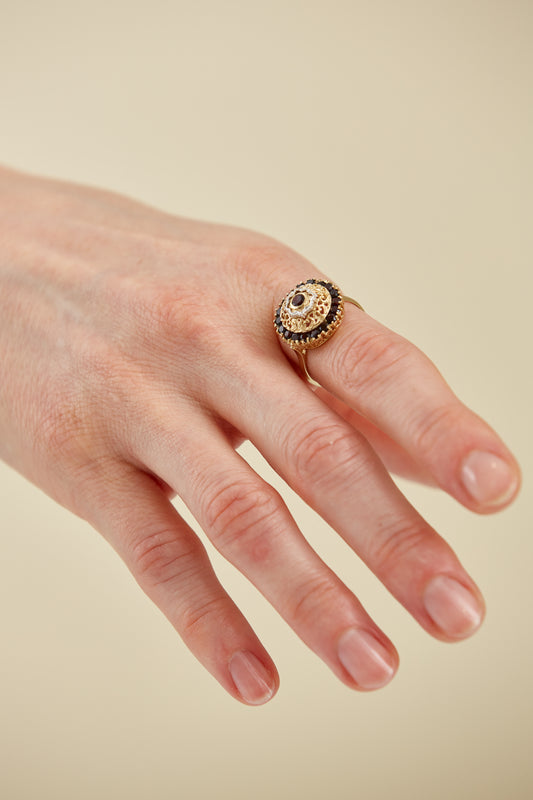18K Gold Garnet Dome Ring with Filigree Accent