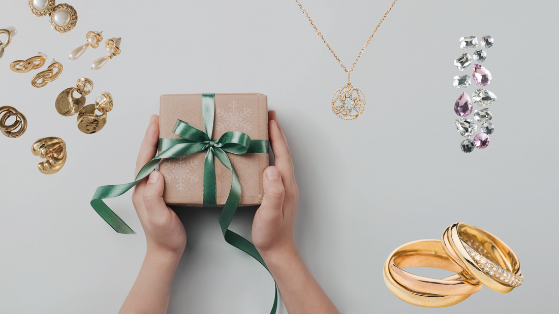 person holding present with many jewellery options surrounding the gift box