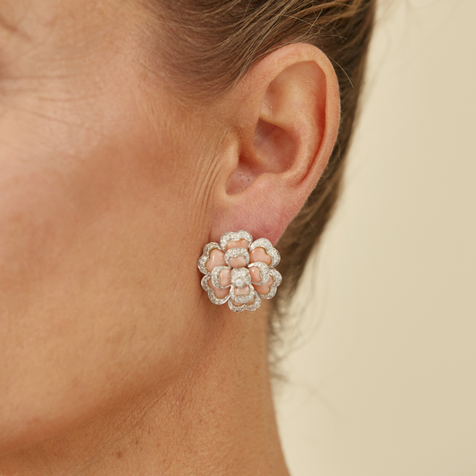 Vintage Coral & Diamond Accents Floral Clip-On Earrings