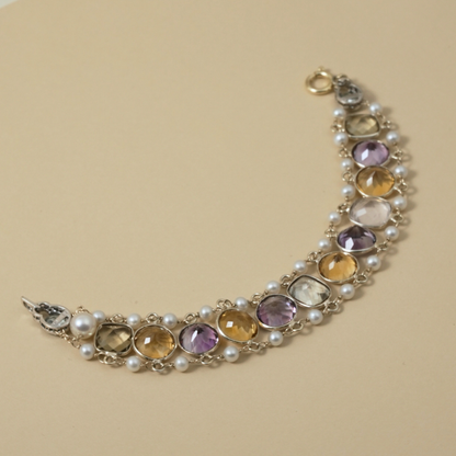 9 Kt & Sterling Silver "Harvest Light" Gemstone & Pearl Bracelet that evokes abundance and warm, glowing tones; earthy but refined.