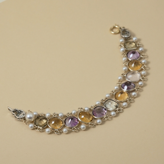 9 Kt & Sterling Silver "Harvest Light" Gemstone & Pearl Bracelet that evokes abundance and warm, glowing tones; earthy but refined.