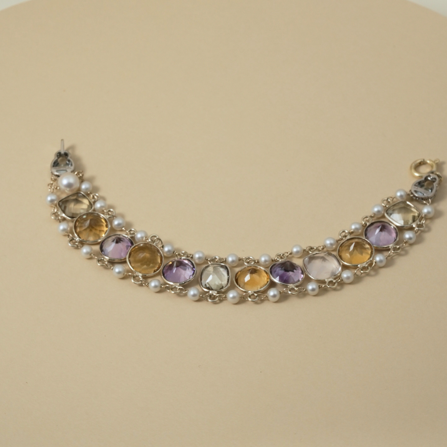 9 Kt & Sterling Silver "Harvest Light" Gemstone & Pearl Bracelet that evokes abundance and warm, glowing tones; earthy but refined.
