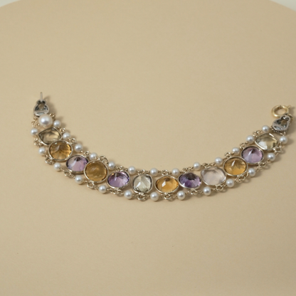 9 Kt & Sterling Silver "Harvest Light" Gemstone & Pearl Bracelet that evokes abundance and warm, glowing tones; earthy but refined.