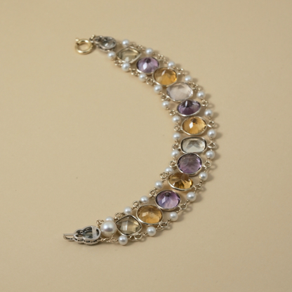 9 Kt & Sterling Silver "Harvest Light" Gemstone & Pearl Bracelet that evokes abundance and warm, glowing tones; earthy but refined.