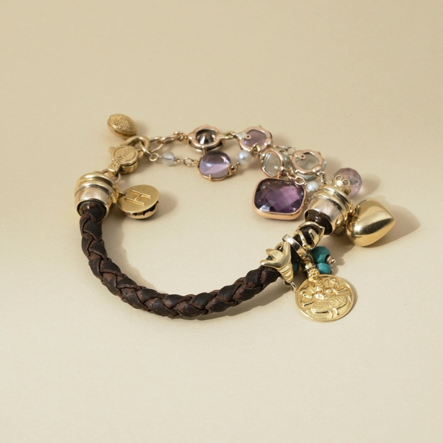 Multistone Charm Bracelet with Braided Leather and 18 Kt Gold Accents