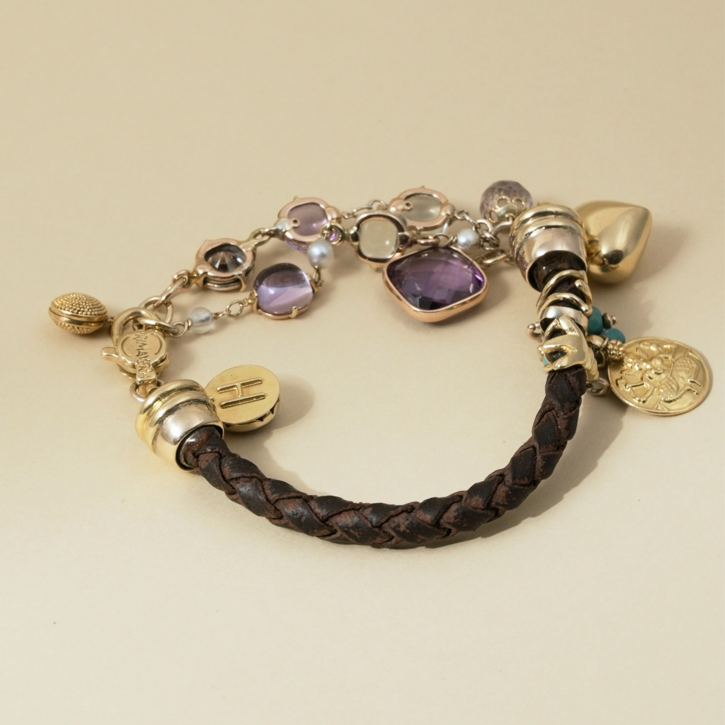 Multistone Charm Bracelet with Braided Leather and 18 Kt Gold Accents