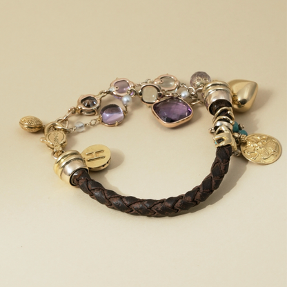 Multistone Charm Bracelet with Braided Leather and 18 Kt Gold Accents