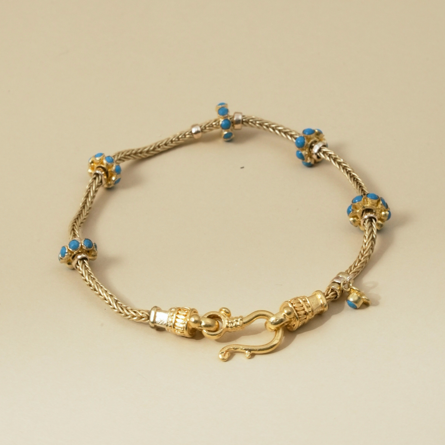Gold Bracelet with five Turquoise Enamel Accents in a Byzantine-Inspired Design