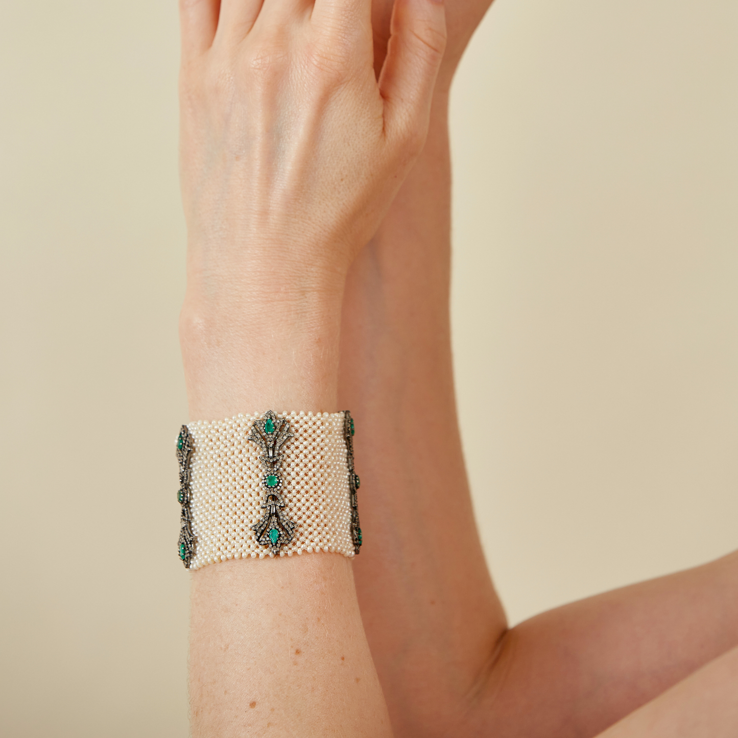 Vintage Pearl & Emerald Sterling Silver Bracelet & Black Diamonds