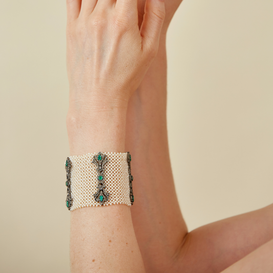 Vintage Pearl & Emerald Sterling Silver Bracelet & Black Diamonds