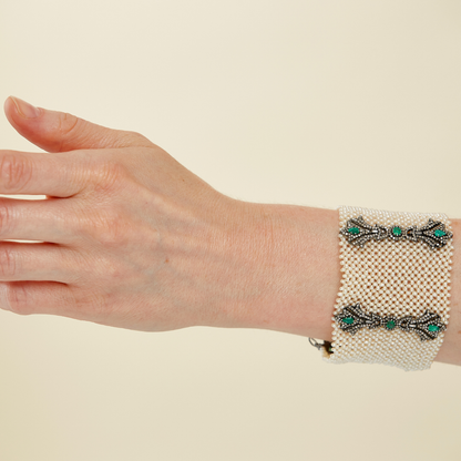 Vintage Pearl & Emerald Sterling Silver Bracelet & Black Diamonds