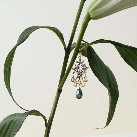 18K Gold Floral Gemstone Drop Pendant
