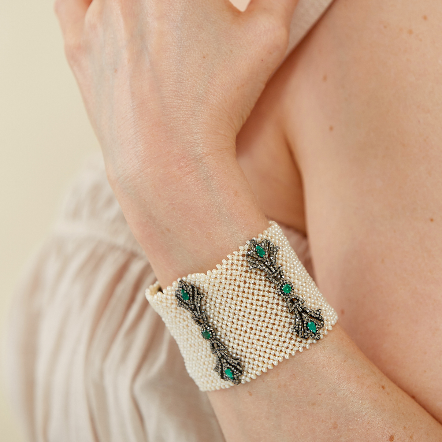 Vintage Pearl & Emerald Sterling Silver Bracelet & Black Diamonds