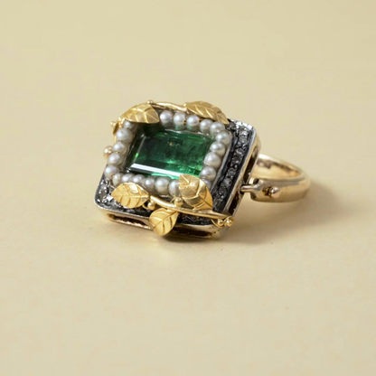 18 Kt Gold leaves on Sterling Silver & 9 Kt Ring with a Tourmaline & Pearls