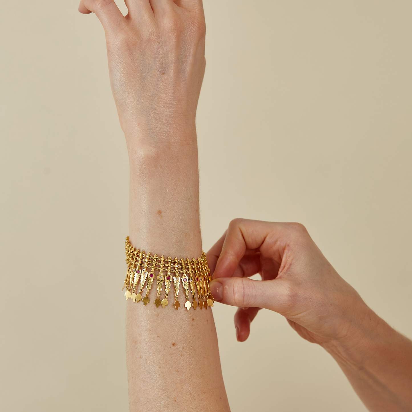 22 Kt Gold Fringe Bracelet with Ruby Accents & 18 Kt gold clasp