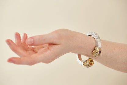 Heavy Hinged Sterling Silver Bangle with Oval Citrine & assorted gemstone accents