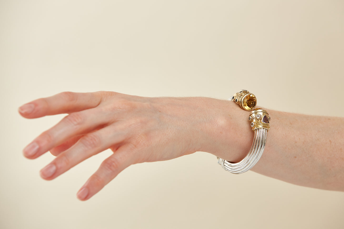 Heavy Hinged Sterling Silver Bangle with Oval Citrine & assorted gemstone accents