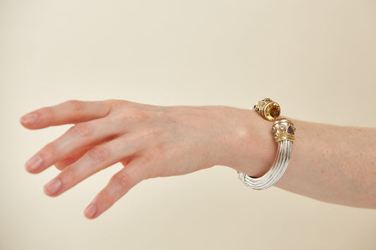 Heavy Hinged Sterling Silver Bangle with Oval Citrine & assorted gemstone accents