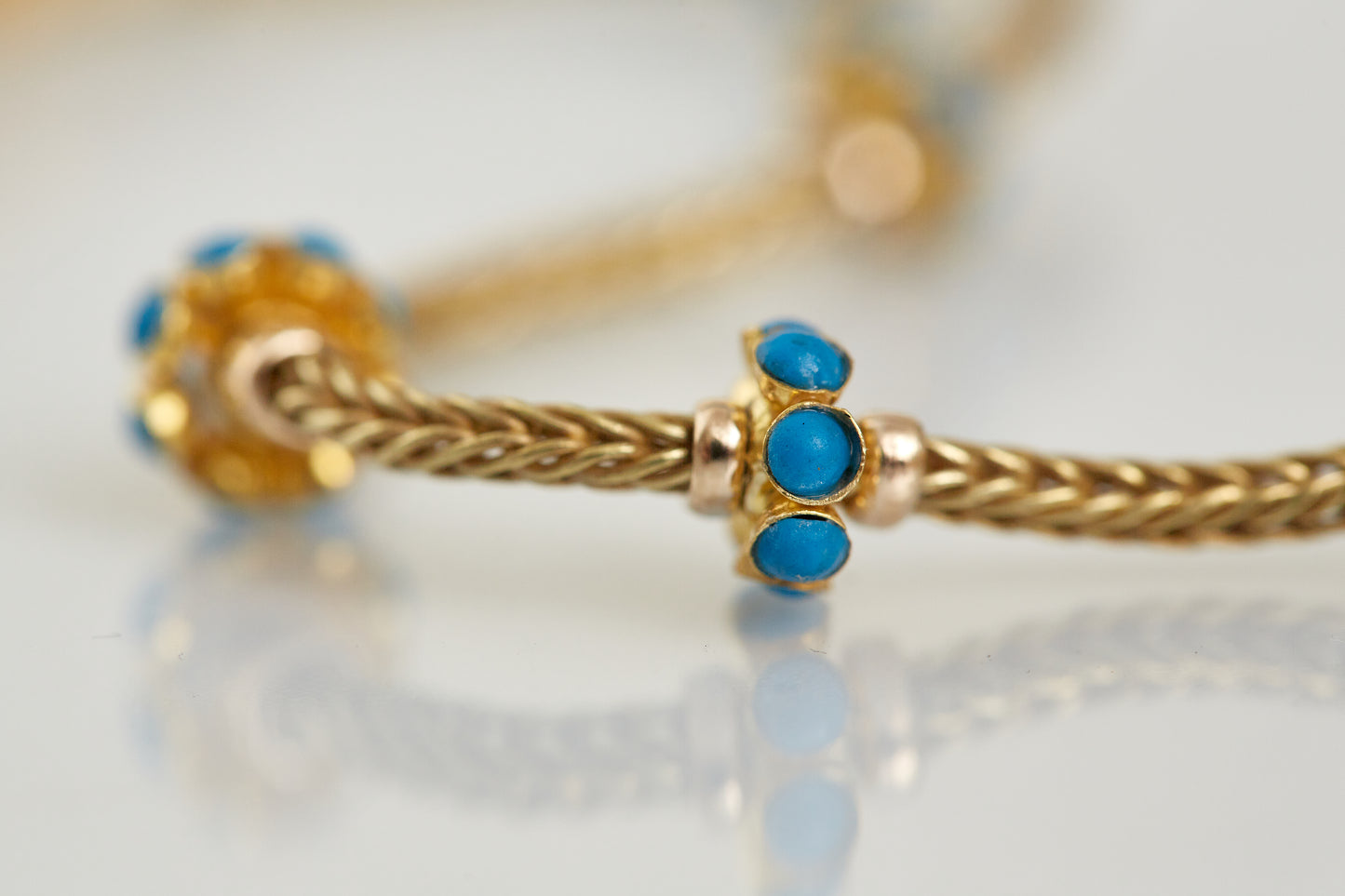 Gold Bracelet with five Turquoise Enamel Accents in a Byzantine-Inspired Design