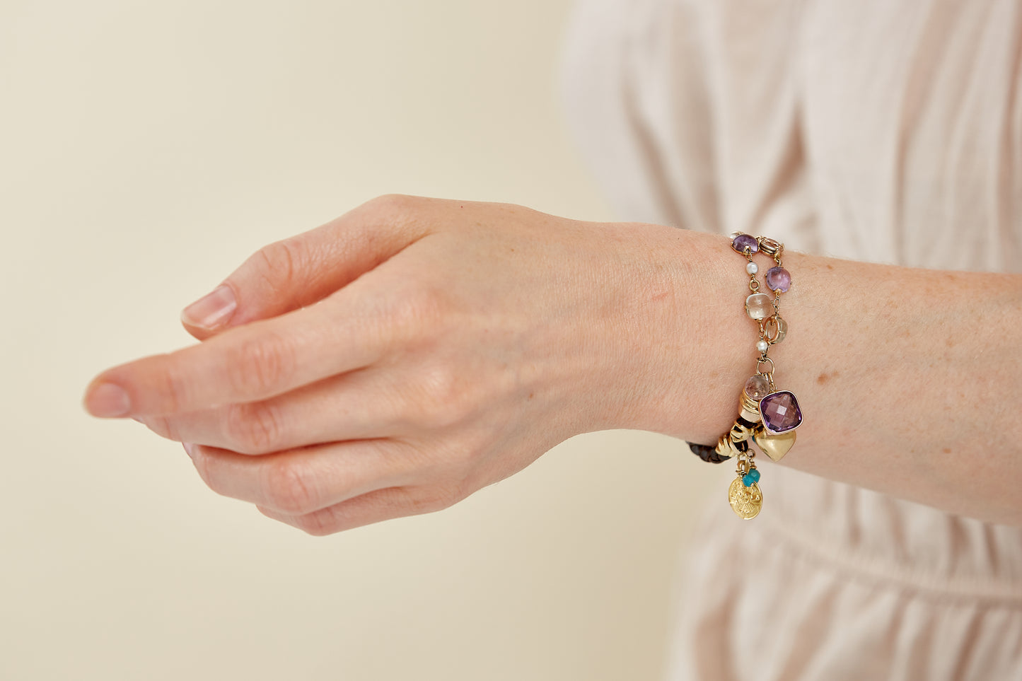 Multistone Charm Bracelet with Braided Leather and 18 Kt Gold Accents