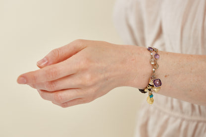 Multistone Charm Bracelet with Braided Leather and 18 Kt Gold Accents
