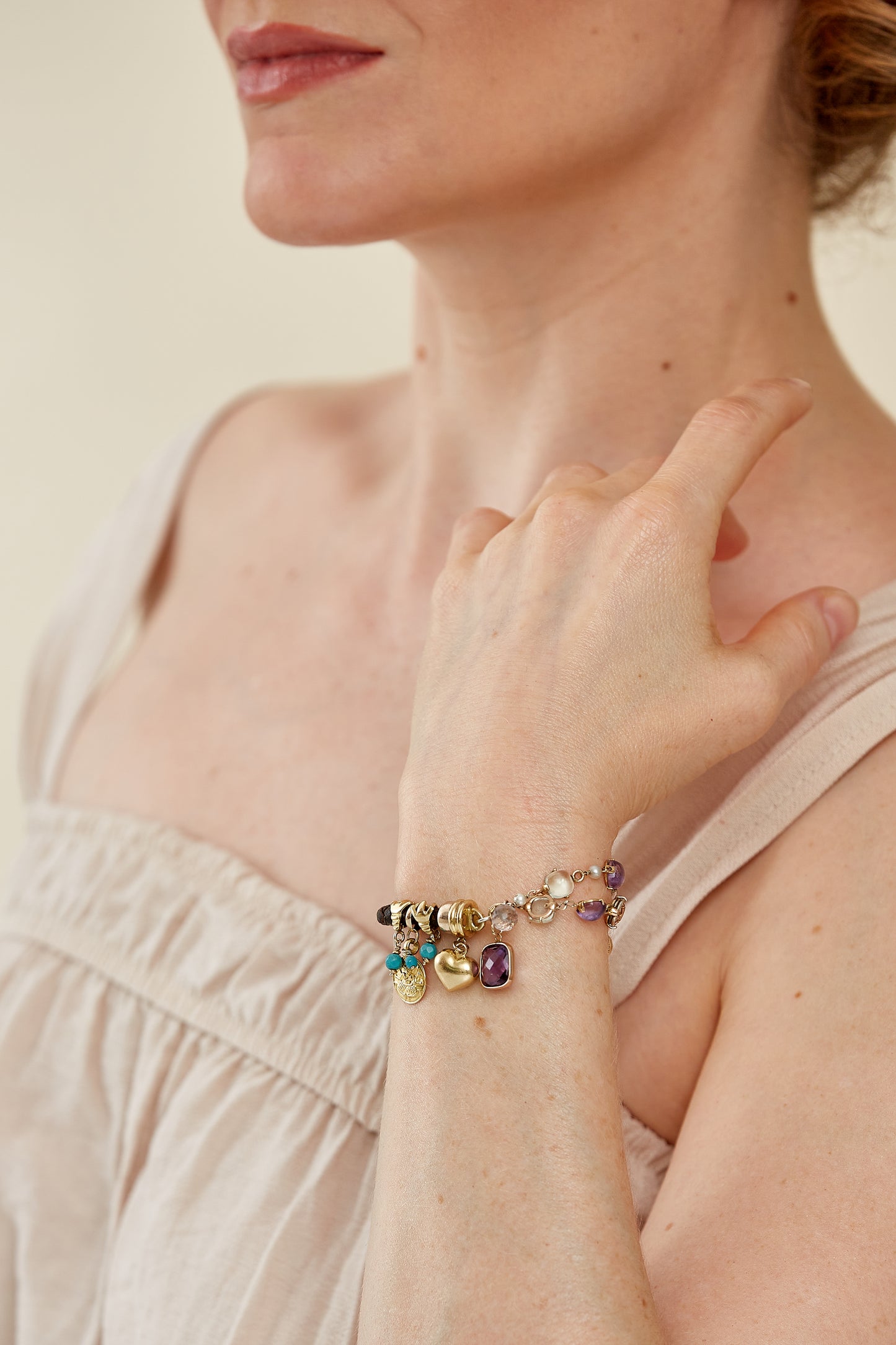 Multistone Charm Bracelet with Braided Leather and 18 Kt Gold Accents