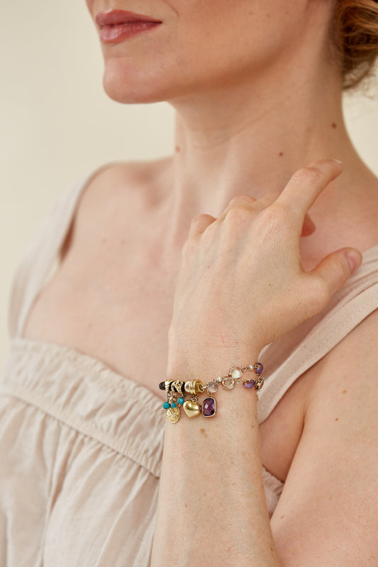 Multistone Charm Bracelet with Braided Leather and 18 Kt Gold Accents