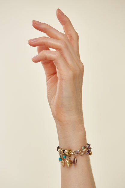 Multistone Charm Bracelet with Braided Leather and 18 Kt Gold Accents