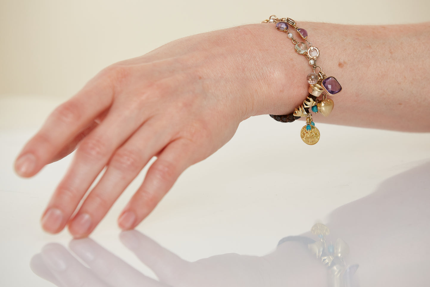 Multistone Charm Bracelet with Braided Leather and 18 Kt Gold Accents