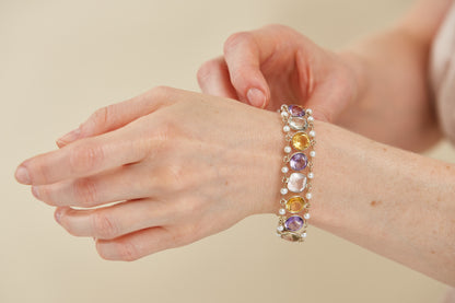 9 Kt & Sterling Silver "Harvest Light" Gemstone & Pearl Bracelet that evokes abundance and warm, glowing tones; earthy but refined.
