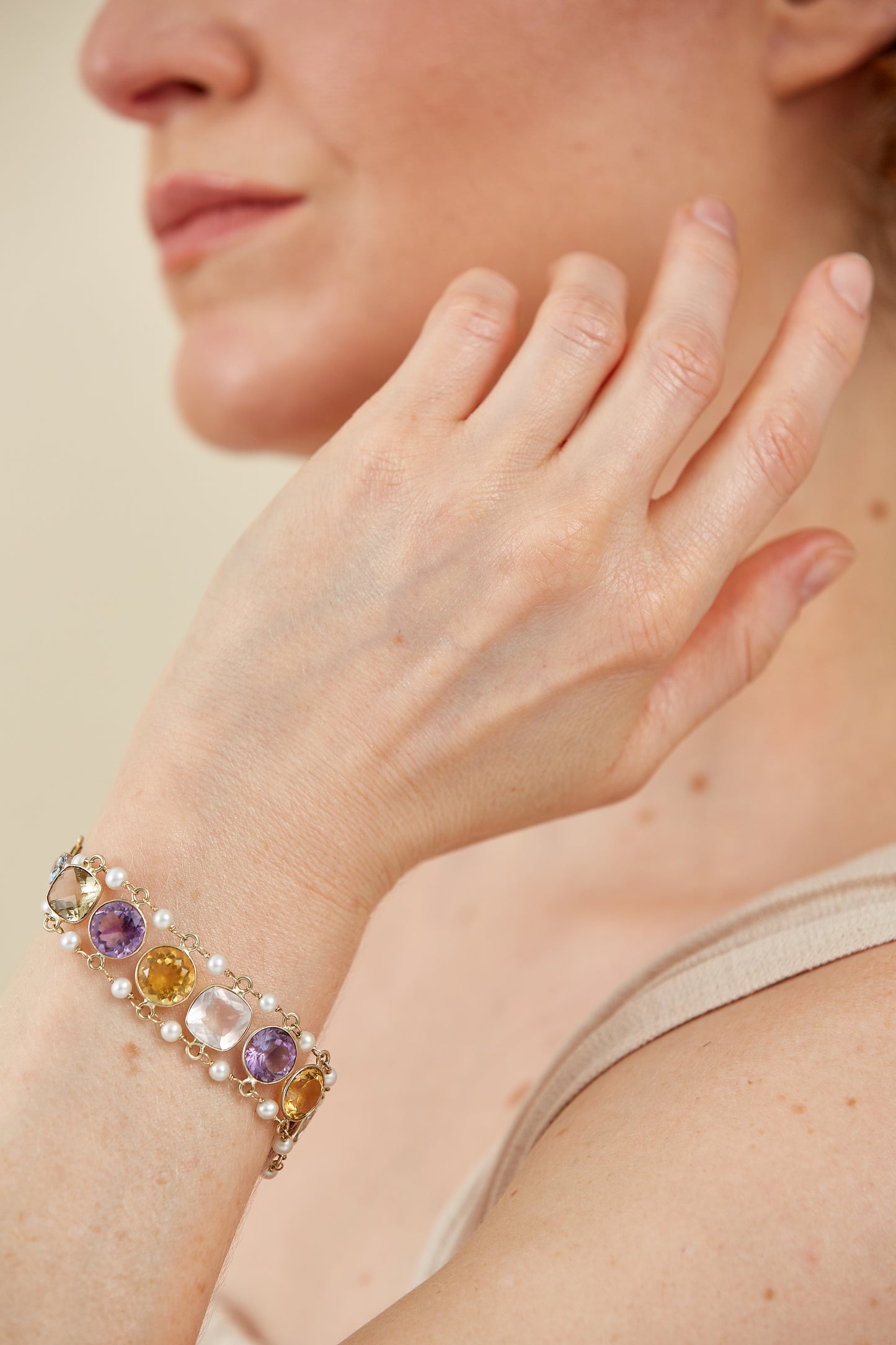 9 Kt & Sterling Silver "Harvest Light" Gemstone & Pearl Bracelet that evokes abundance and warm, glowing tones; earthy but refined.