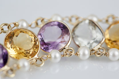 9 Kt & Sterling Silver "Harvest Light" Gemstone & Pearl Bracelet that evokes abundance and warm, glowing tones; earthy but refined.