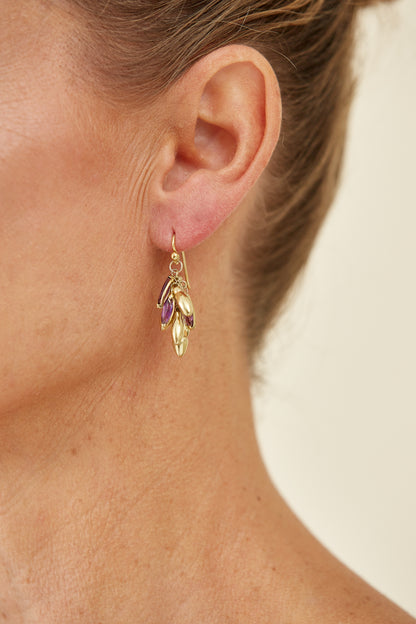 Vintage 18 Kt Gold Drop "Wildseed" Earrings with Amethyst