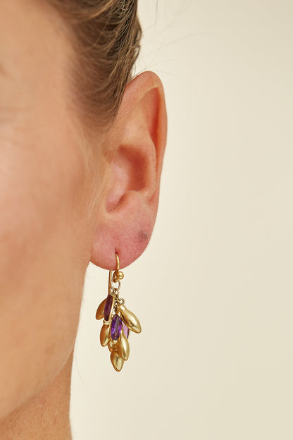 Vintage 18 Kt Gold Drop "Wildseed" Earrings with Amethyst