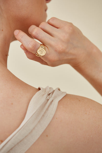 18K Gold Engraved Signet Ring