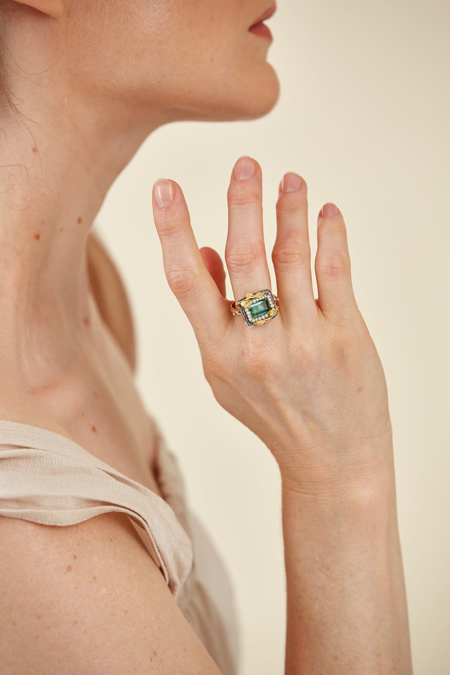 18 Kt Gold leaves on Sterling Silver & 9 Kt Ring with a Tourmaline & Pearls