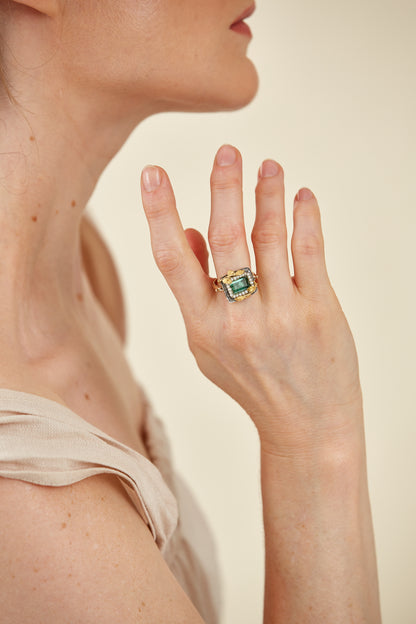 18 Kt Gold leaves on Sterling Silver & 9 Kt Ring with a Tourmaline & Pearls