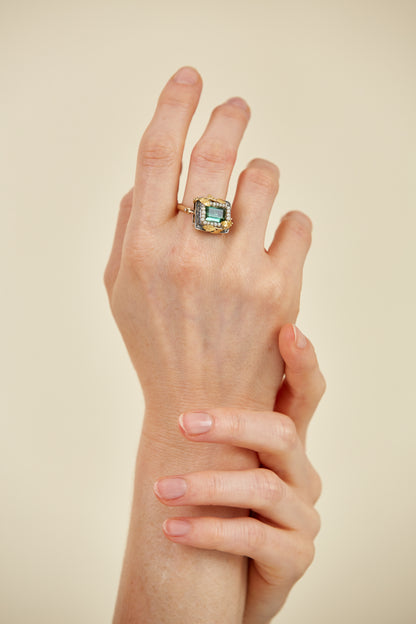 18 Kt Gold leaves on Sterling Silver & 9 Kt Ring with a Tourmaline & Pearls
