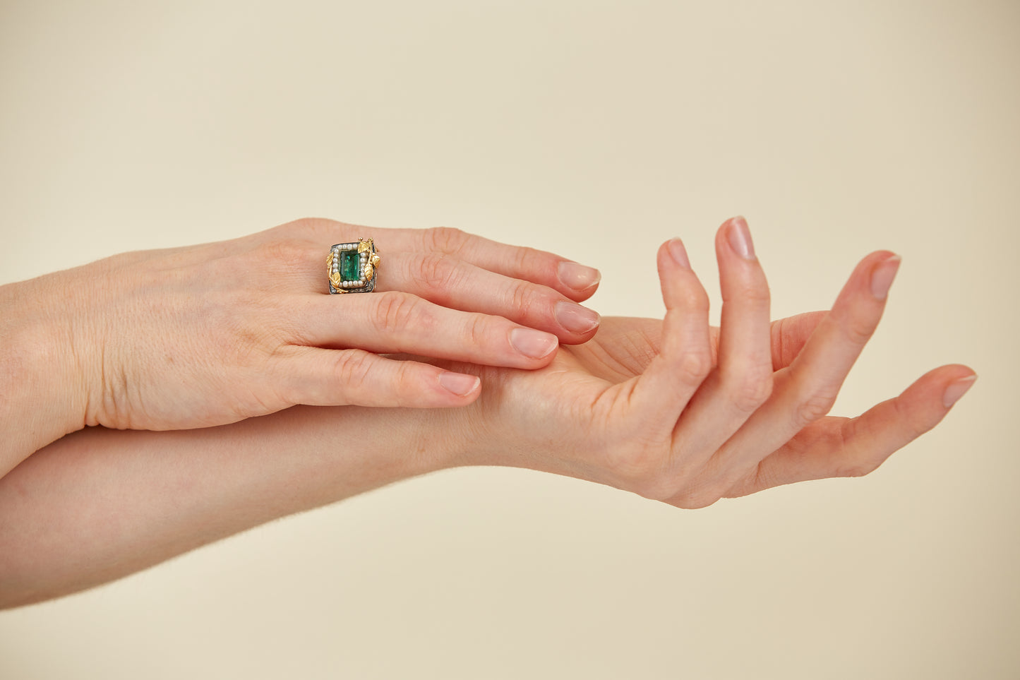 18 Kt Gold leaves on Sterling Silver & 9 Kt Ring with a Tourmaline & Pearls
