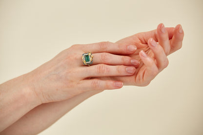 18 Kt Gold leaves on Sterling Silver & 9 Kt Ring with a Tourmaline & Pearls