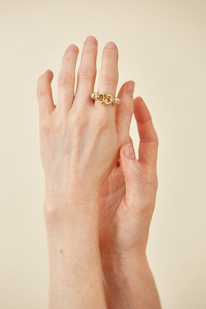 Gucci style Mixed Metal [18Kt & Sterling Silver] Link Ring with Cubic Zirconia