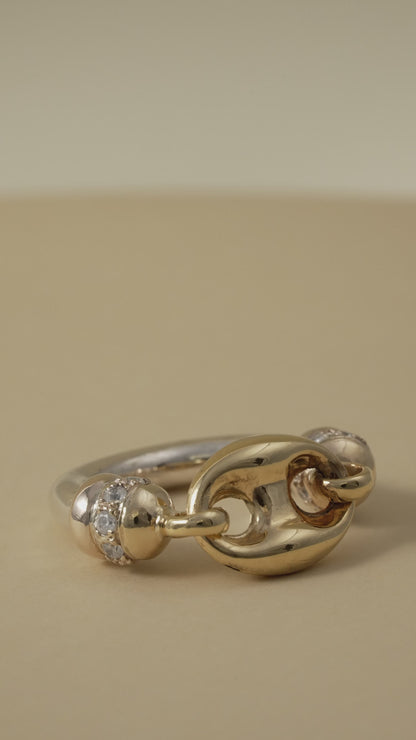 Gucci style Mixed Metal [18Kt & Sterling Silver] Link Ring with Cubic Zirconia