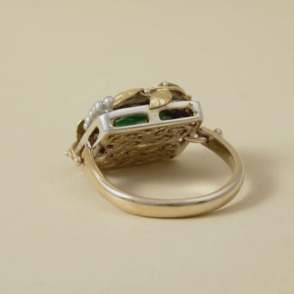 18 Kt Gold leaves on Sterling Silver & 9 Kt Ring with a Tourmaline & Pearls
