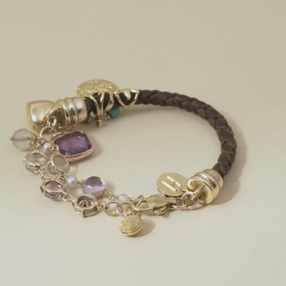 Multistone Charm Bracelet with Braided Leather and 18 Kt Gold Accents